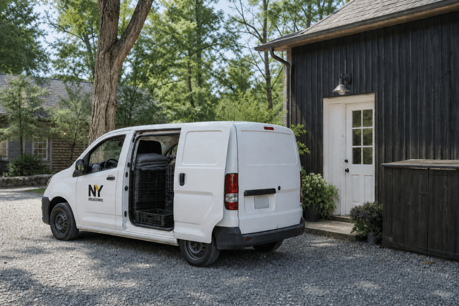 Compact NY Breakdowns cargo van with transport crates parked beside a Hudson Valley wedding venue during the day