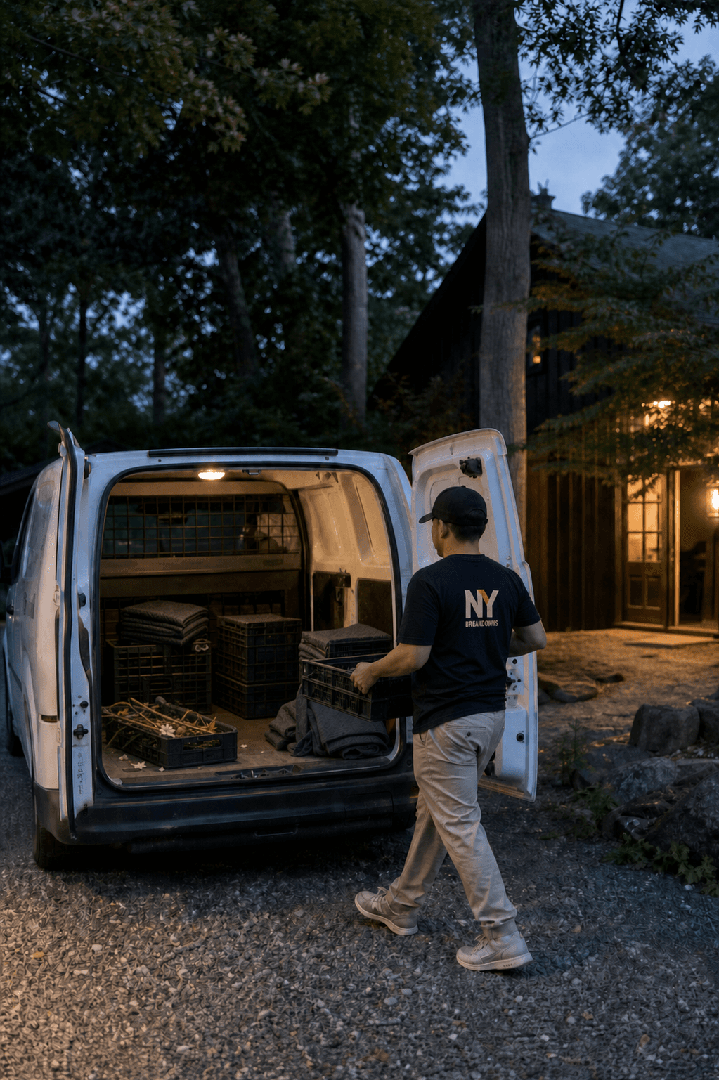 NY Breakdowns crew member carrying a crate toward a compact cargo van outside a Hudson Valley venue at dusk